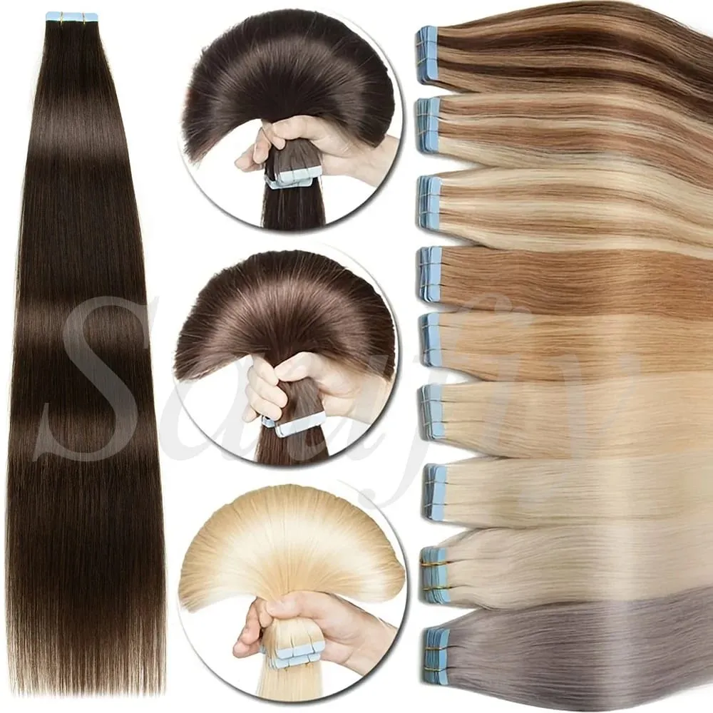 Blonde Tape In Hair Extensions Human Hair 20pcs/Pack Straight Natural Black Blonde Brown Tape Ins Hair Extensions 12-20inches Seamless Double Side Skin Weft Tape In Hair For Women