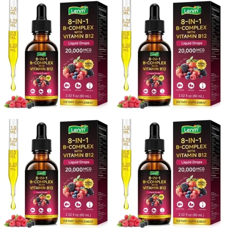 Lenm B Complex Liquid Drops 8-in-1 with B12 2000mcg B1 B2 B3 B5 B6 B7 Folate for Energy & Metabolism Support Sugar-Free 60ML