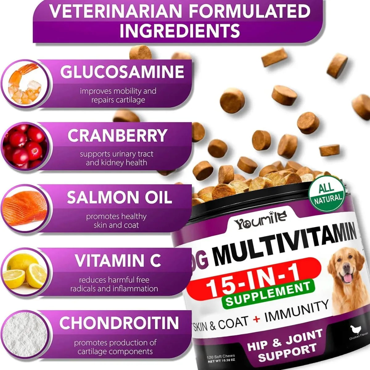Suplemento multivitamínico para cães idosos e filhotes, multivitaminas, sabor de frango, mastiga para animais de estimação, imunidade conjunta, mobilidade, energia, pele intestinal