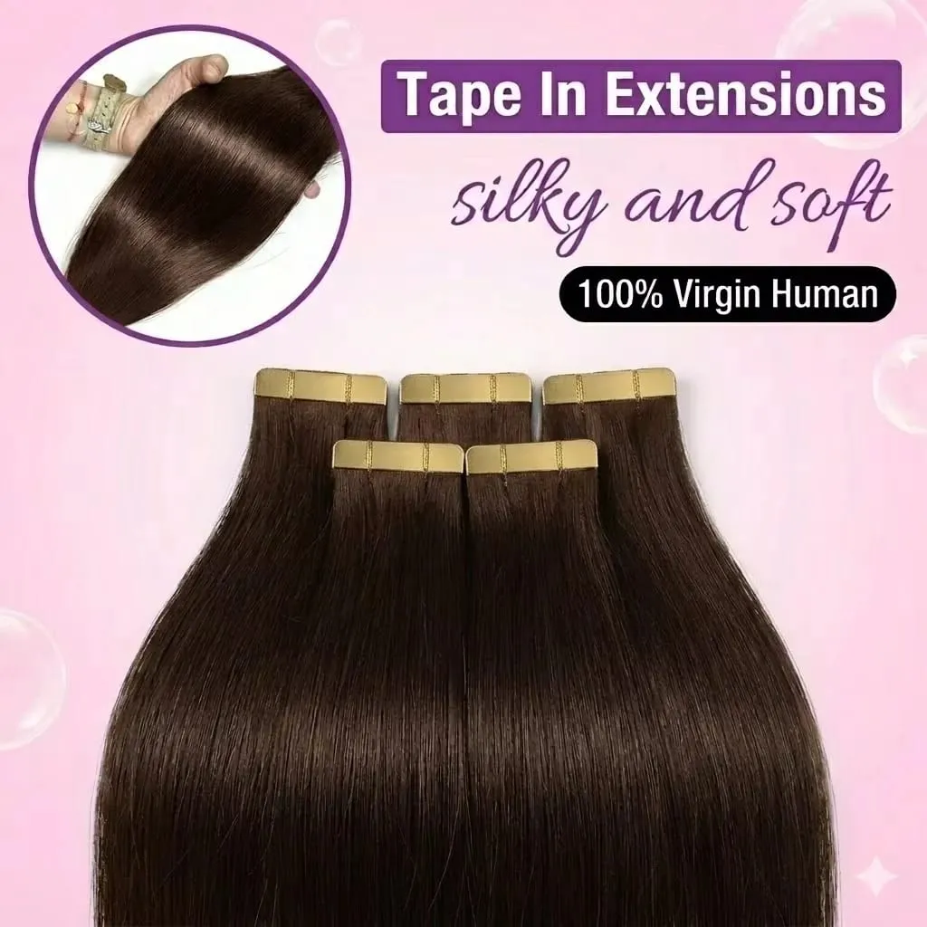 Seamless Brown Tape in Hair Extensions 100% Human Hair Straight 14A Grade Virgin Remy 21pcs 50g Pack Thick End Women #4 Beauty 18 20 22 Inch