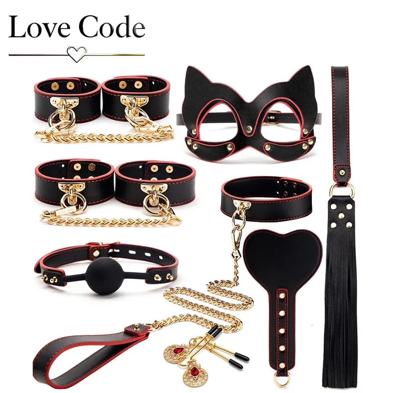 Genuine Leather BDSM Bondage Kits Sex Toys for Couples Handcuff Ankle Cuffs Collar Gag Hogtie Restraints SM Set Adult Love Games