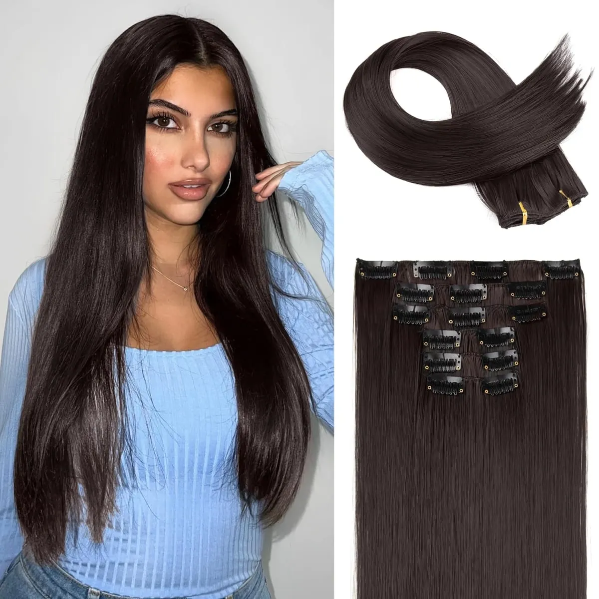 6pcs Clip-in Straight Hair Extensions Suitable for Women - Heat Resistant Synthetic Hairpiece with Look