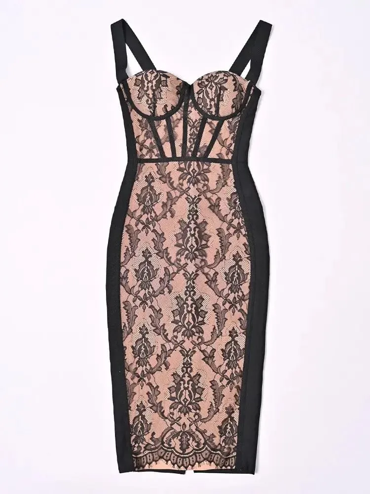 Sexy Vintage Quality Black White Lace Bandage Evening Dress Women Summer Party Bustier Split Ladies Vestido Sexy Dress