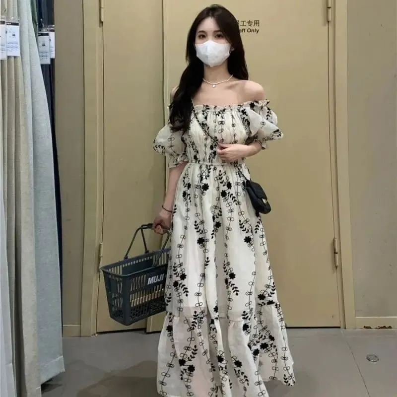 Women Off‑Shoulder Puff Sleeve Maxi Dress Floral Print High Waist Ruffle Long Summer Dress