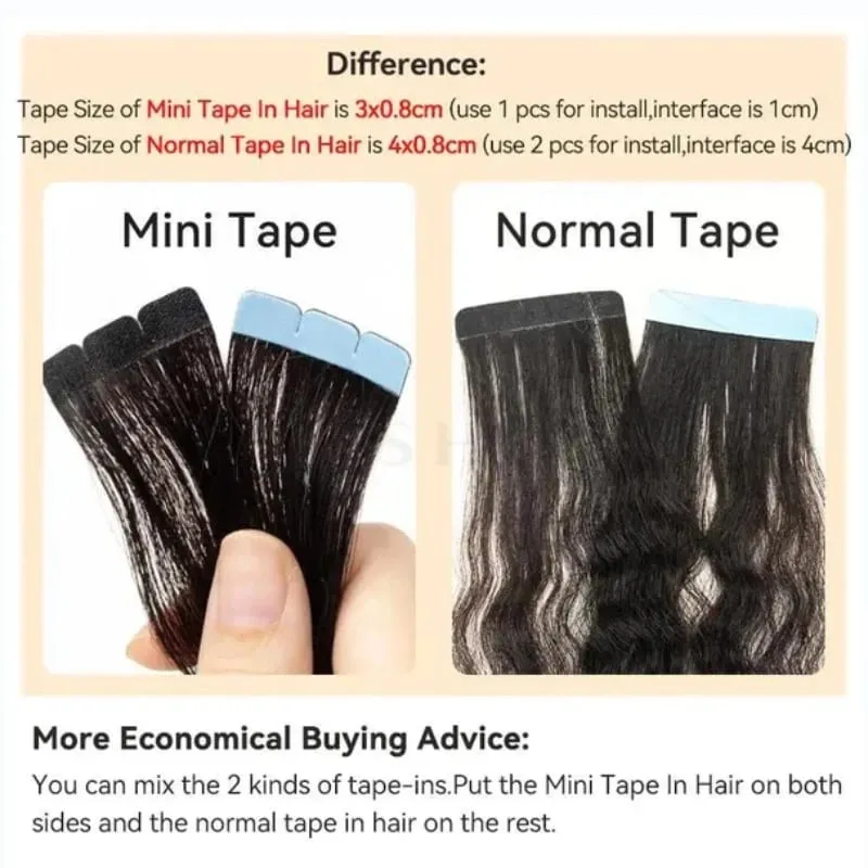 Mini Tape in Human Hair Extensions Natural Straight Tape in Extentions 3x0.8cm Invisible Tape 10pcs/pack For Side Hair