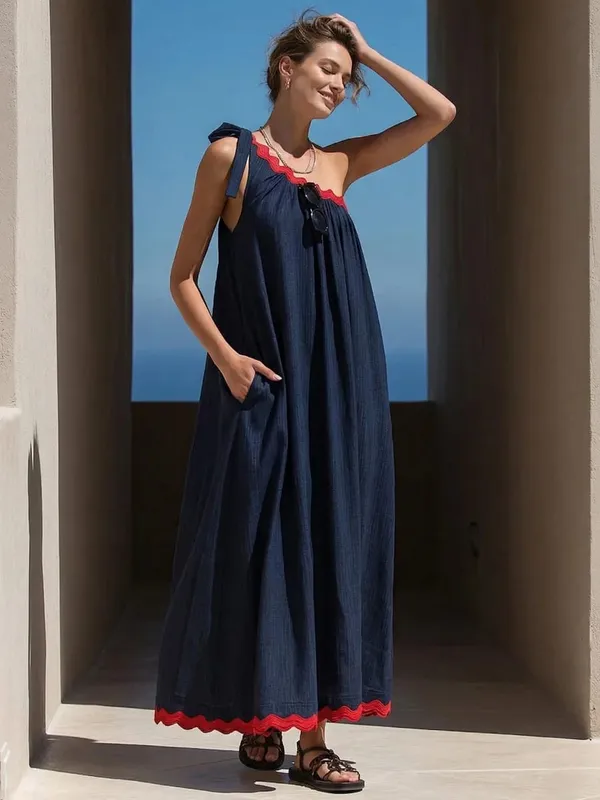 Freeacy-Vestido largo de un hombro con ribete festoneado en contraste rojo marino para mujer, vestidos plisados ​​sueltos informales de verano para vacaciones