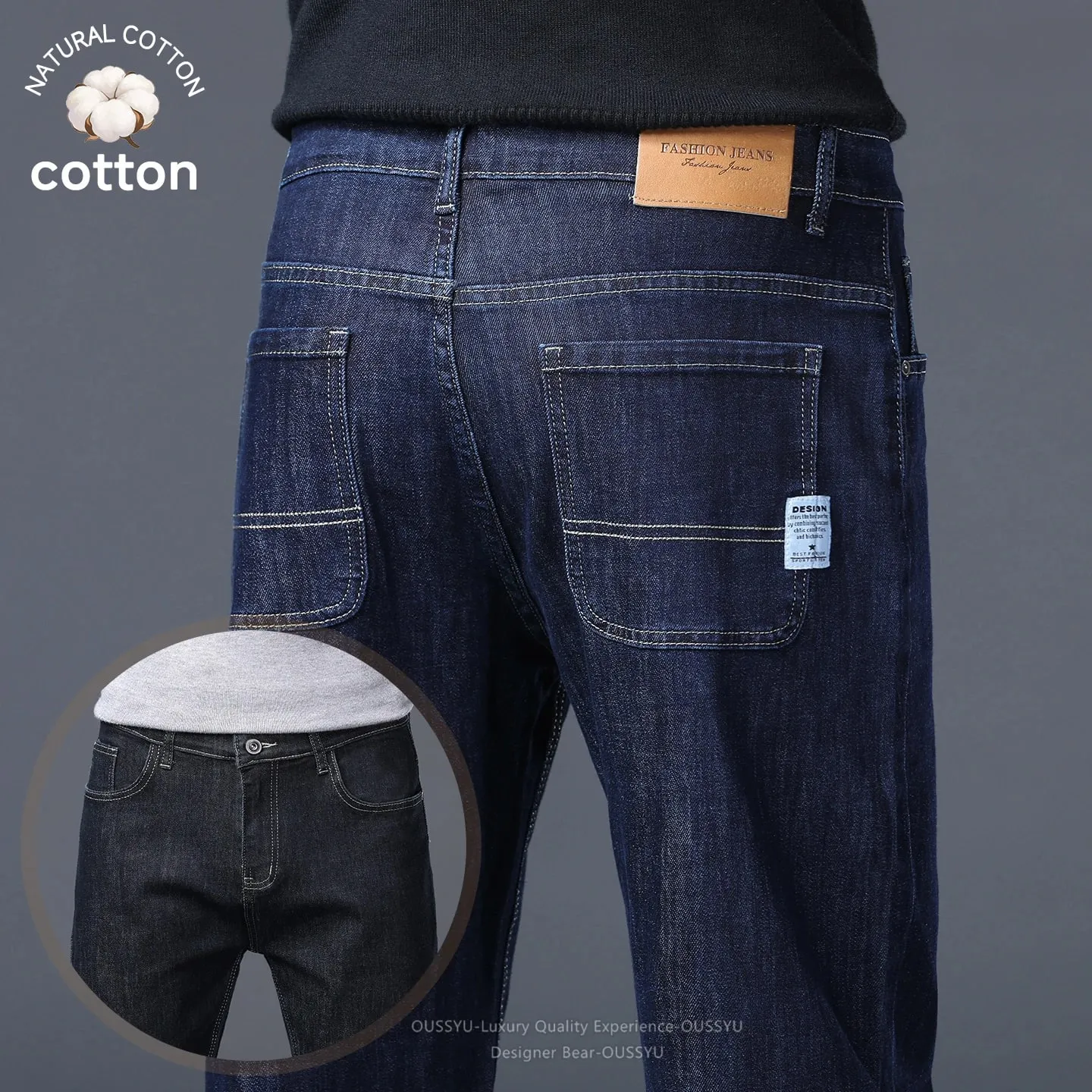 High Quality Autumn Winter Baggy Men's Jeans Loose Straight Cotton Business Thick Casual Solid Color Trousers Male Plus Size 40
