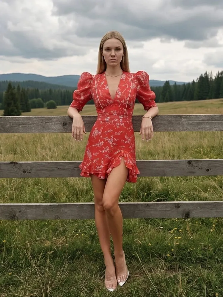 Women Red Floral Printed V-neck Short Sleeved Dress Puff Sleeve Waist Trim Ruffle Slit Hem Mini Dresses 2026 Summer Party Gowns