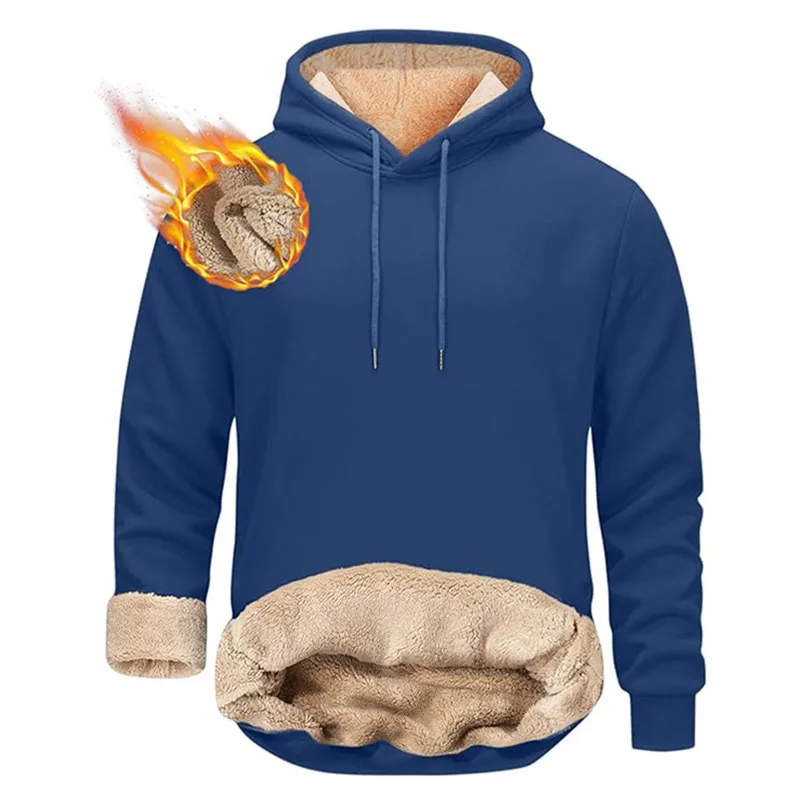 Winter Men's Warm Hoodies Sports Thick Sweatshirts Windproof Thermal Casual Solid Color Loose Long Sleeve Pullover Streetwear