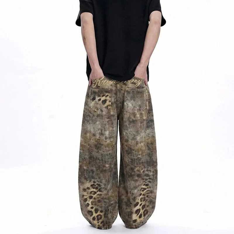 Avant-Garde Men's Jeans Leopard Print Gradient Oversized Wide Leg Fit High Street Loose Casual Denim Long Pants 9X2894