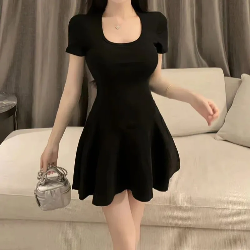 2026 Summer New Pure Sexy Square Neck Short Sleeve Dress Solid Color Slim Fit Stretchy Cute A Line Mini Dress Party Daily Wear