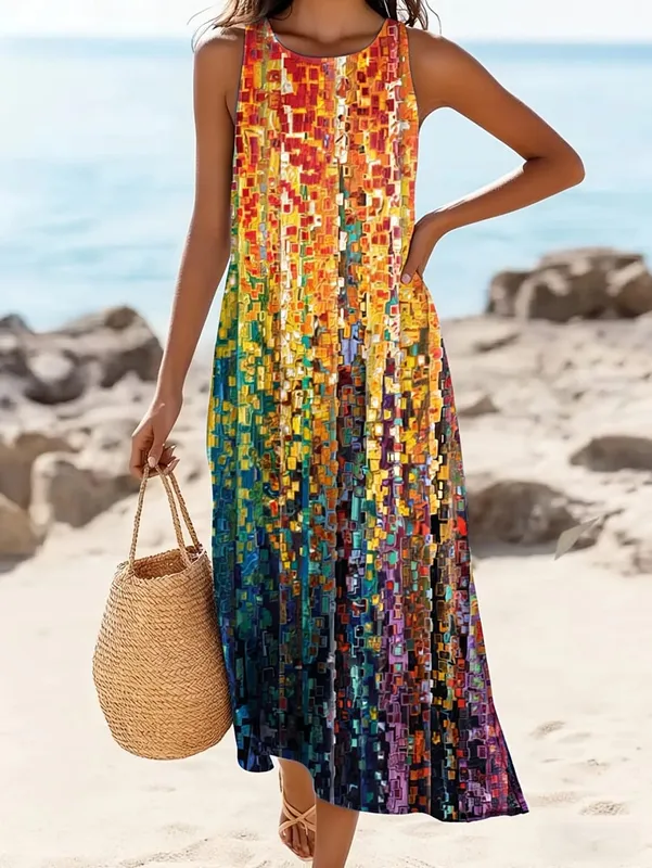 Vintage Floral Printed Women Sleeveless Sundress Summer Loose Casual Beach Long Dress Ladies Bohemia Maxi Dresses Party Vestidos