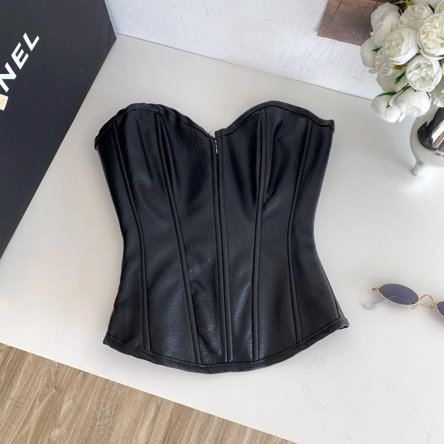 Sexy Pu Slim Tube Top Chic Strapless Crop Top Korean Fashion Corset Bustier Camis Women Tank Top