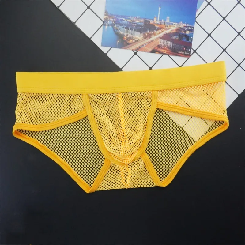 Plus Size Mesh Underwear Men Transparent Large Fishnet U Pouch Briefs Male Low Waist Solid Color Sexy Perspective Male Panties