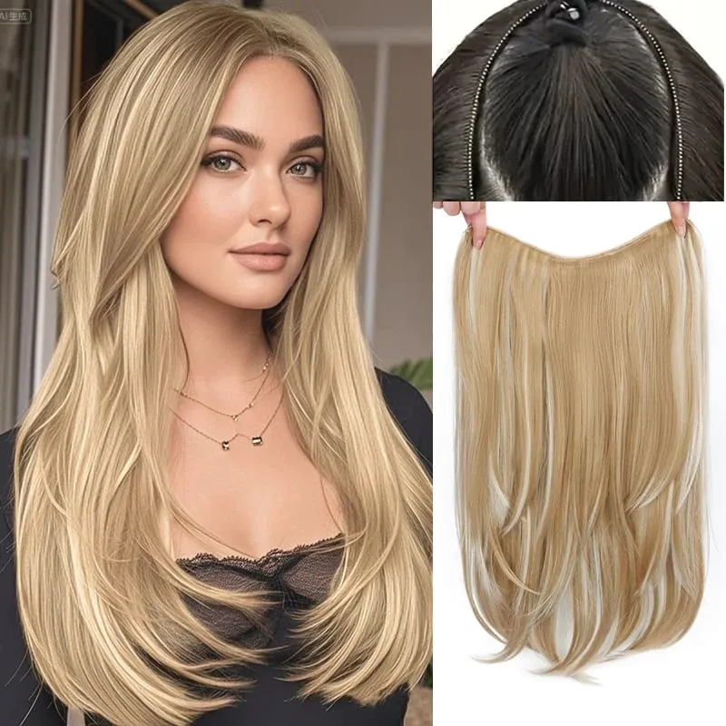22Inch Synthetic V-Shaped Long Straight Layered Hair Extension Fluffy Increase Natural Invisible Hairpiece Wig for Women