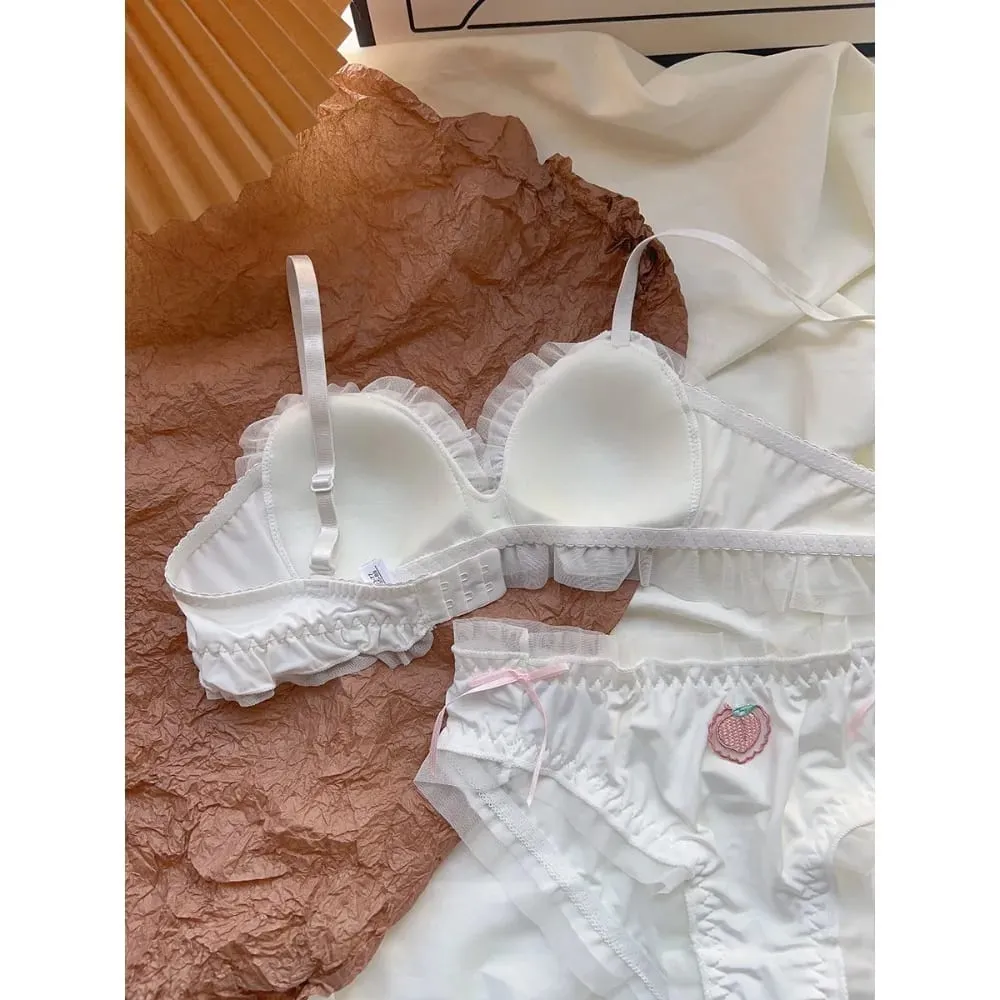 Japanese Kawaii Sweet Lingerie Set French Sheer Mesh Thin Wireless Triangle Cup Bra Panties Set Soft No Underwire 32‑38 Bra Set