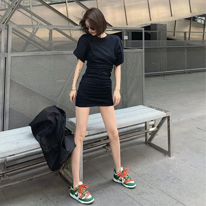 Women Summer Short Sleeve Dress Lady Bodycon Ruched Black Short Skirt Female Casual Elegant Party Daily Wear Dresses
