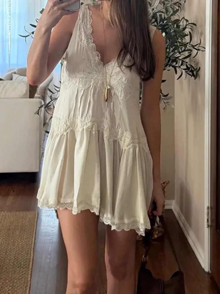 Women's A-Line Dress V-Neck Sleeveless Lace Trim Tiered Flared Casual Daily Wear Dress Stylish Ladies Frock — image 5