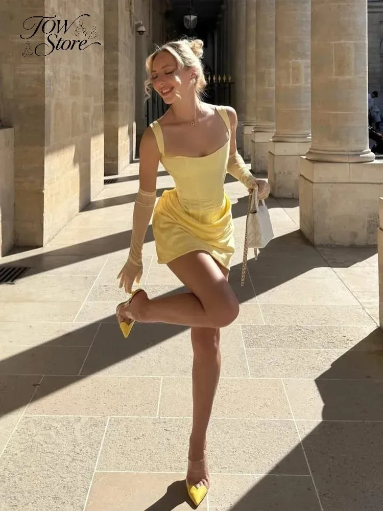 Square-neck Halter Mini Dress Women Sexy Pleated Sleeveless Backless High Waist Bodycon Dresses 2026 Women's Summer Party Robes