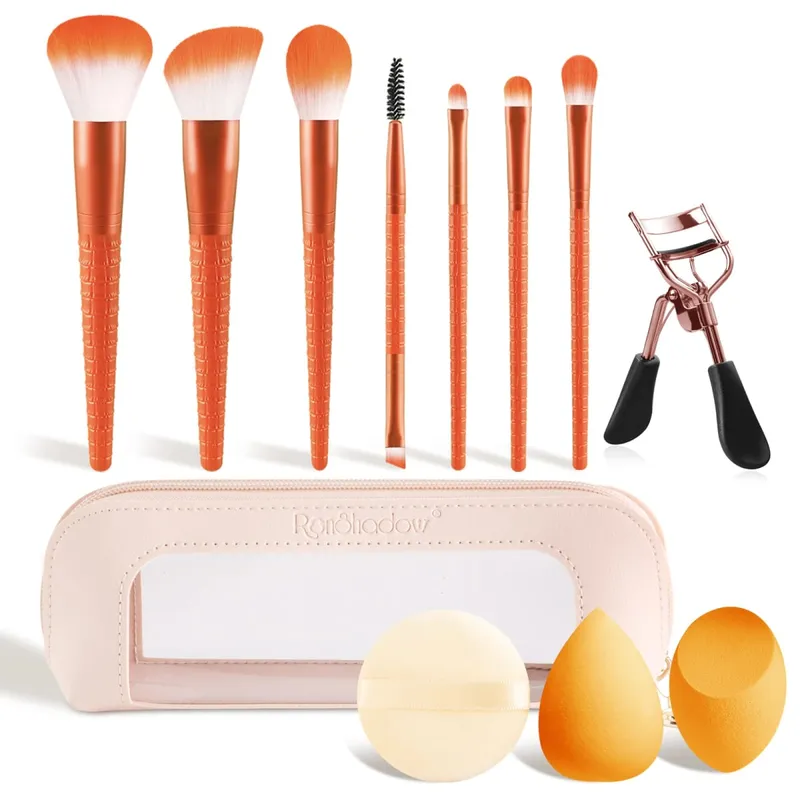 12Pcs Complete Makeup Tool Kit 7 Makeup Brushes 2 Beauty Sponges Eyelash Curler Powder Puff Storage Bag Full Cosmetic Set