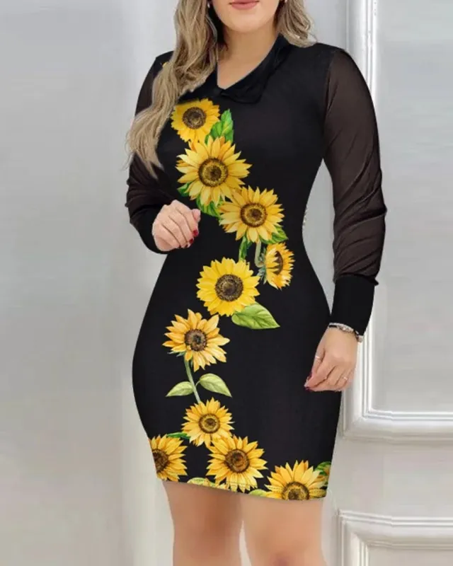 Long Sleeve Mesh Floral Print Bodycon Dress Elegant Slim Fit Mini Dress for Party Daily Wear — image 5