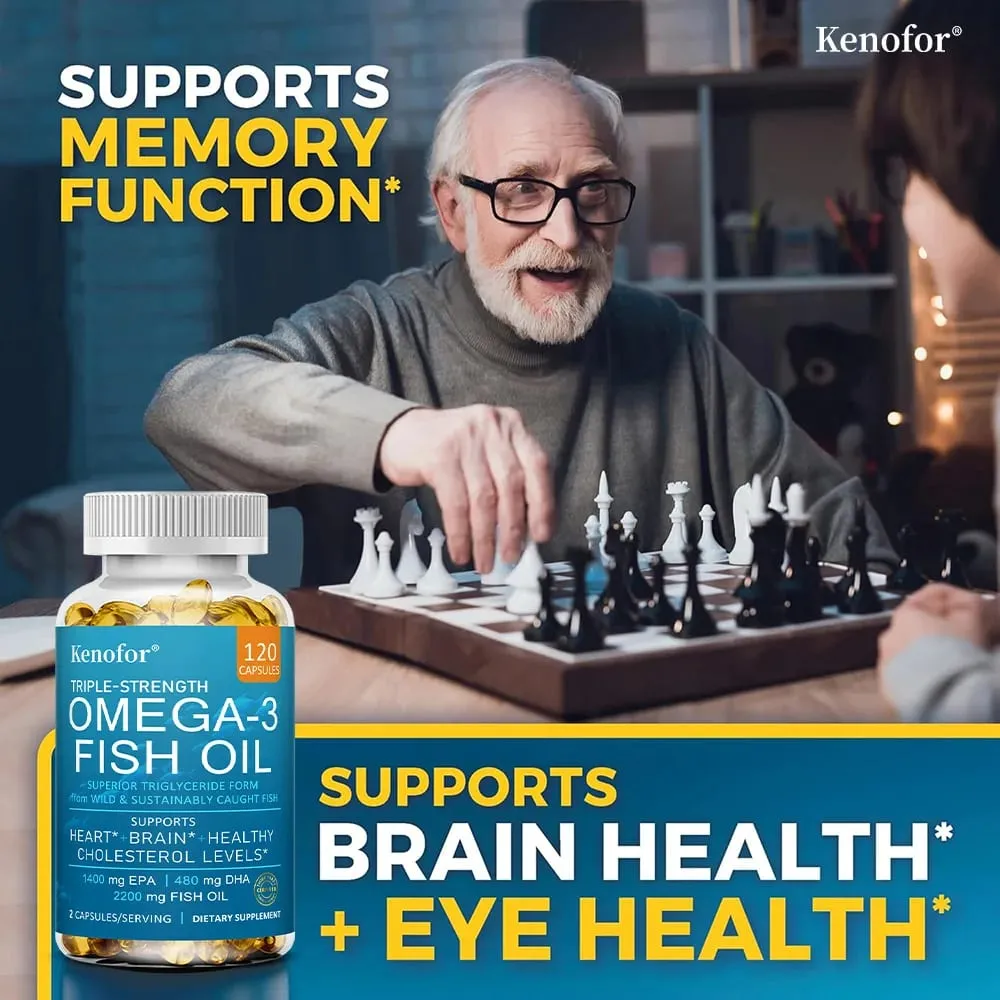 Kenofor Omega 3 fiskeoliekapsler med EPA & DHA hjælper hjerneudvikling og kardiovaskulær sundhed til øjen- og hudsundhed