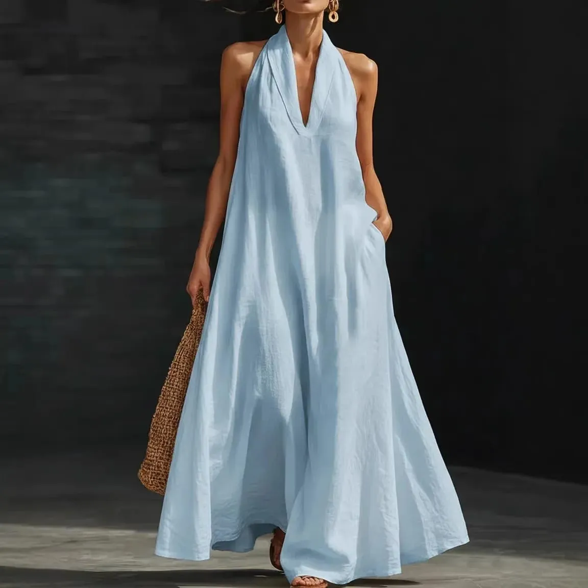 Women's Casual Dresses Sexy Solid V Neck Pocket A-Line Long Dress Spring Summer Sleeveless Loose Beach Vacation Maxi Mujer Dress
