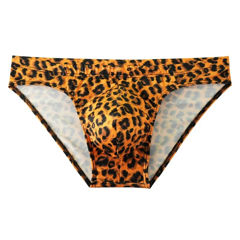 Men's Mid Waist Underwear Sexy Ice Silk Briefs Leopard Printed Breathable Underpants Male Soft Comfortable Panties Cueca Homme