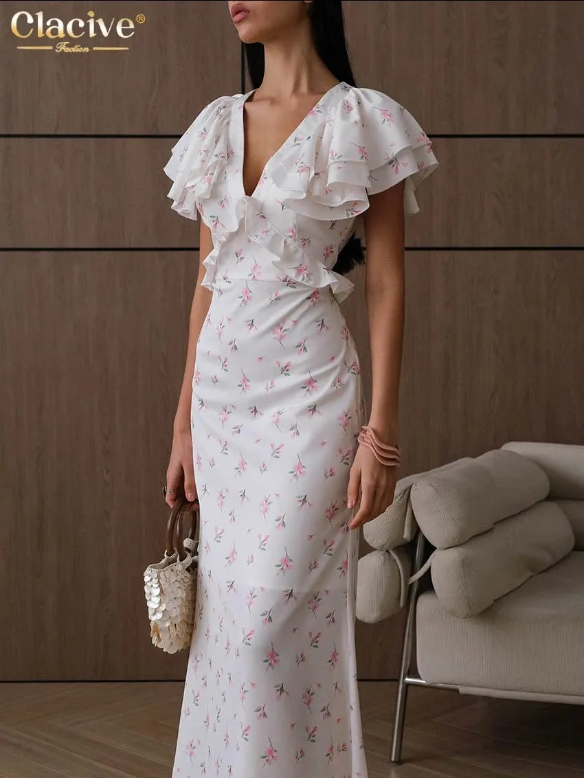 Clacive Abito da donna con stampa allentata sexy 2026 Abito estivo con scollo a V a maniche corte alla caviglia Abiti eleganti classici con volant Abito femminile