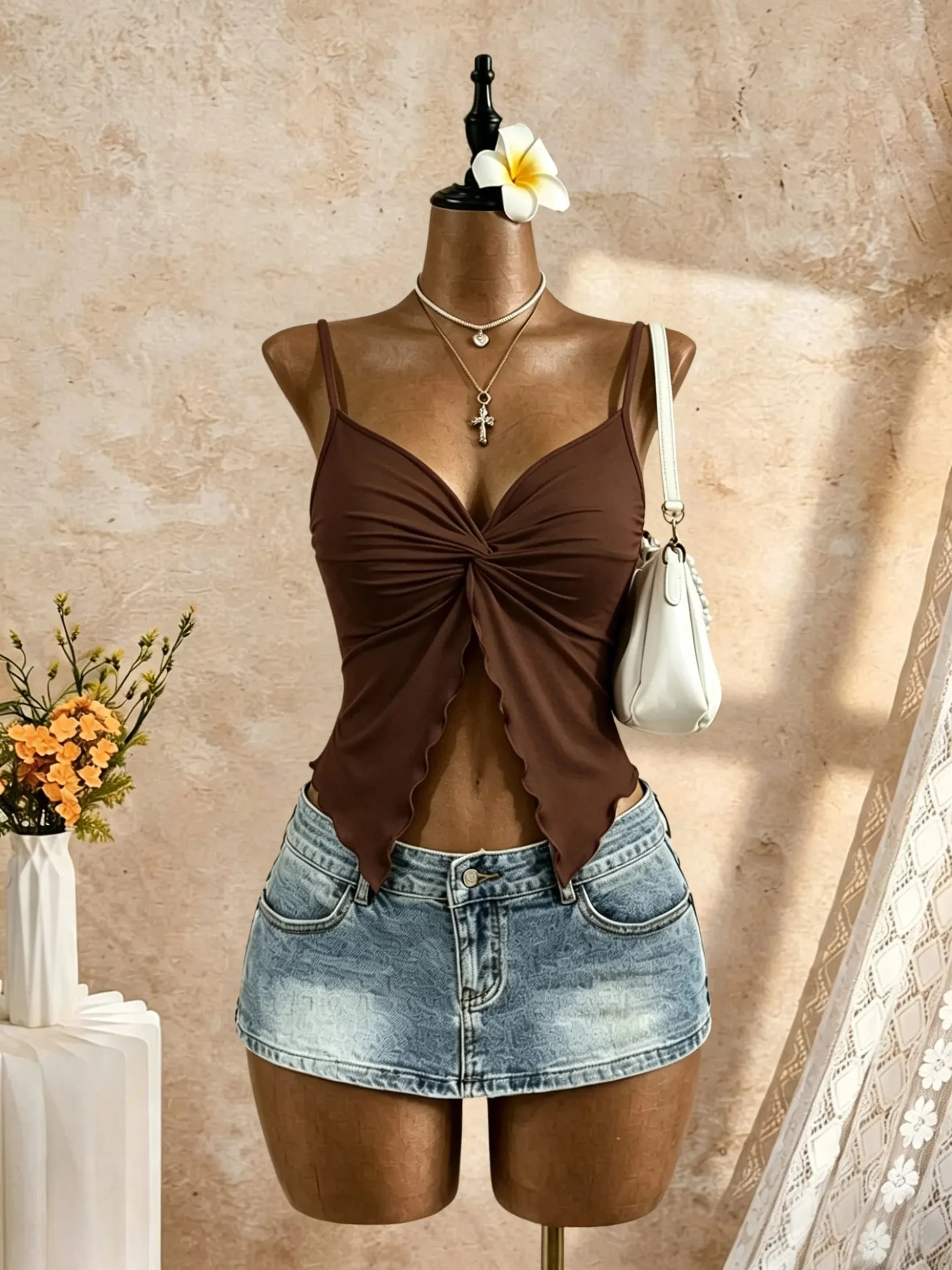 Women Spaghetti Strap V Neck Twist Front Cut Out Ruffle Irregular Hem Slim Fit Crop Cami Top 2026 Summer Y2K Solid White Sleevel