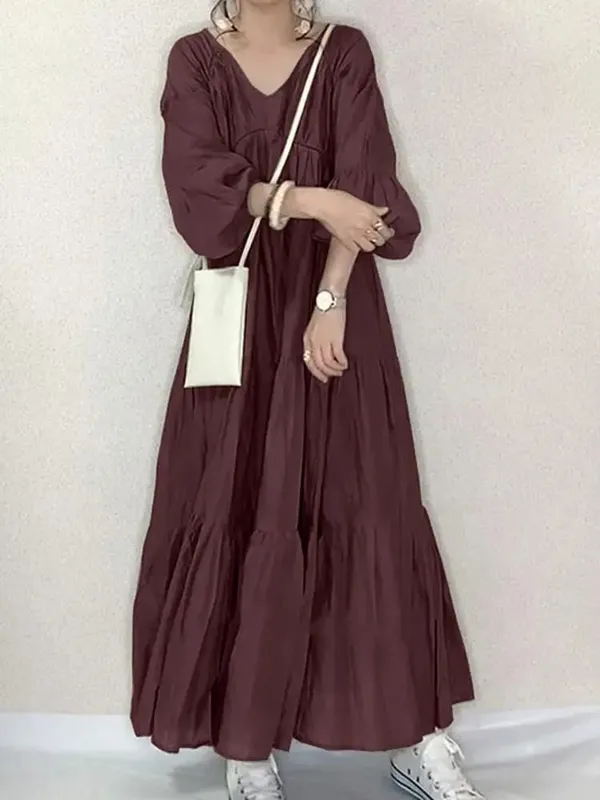Robe longue à volants Vintage pour femmes, tenue de printemps décontractée, manches bouffantes, Maxi, col en V, robes élégantes