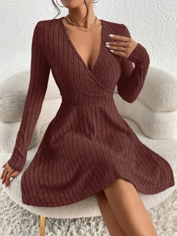 New for autumn/Winter 2024 Women Knit Slim Sexy Bodycon Dress V-Neck Long Sleeve Dress Solid Casual Midi Sweater Dress