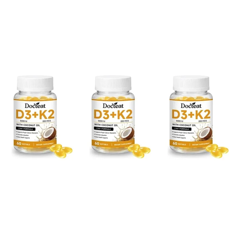 Docteat Vitamin D3+K2 Softgels with Coconut Oil Vitamin D3 Vitamin K2 Calcium Absorption Bone Health for Men Women 60 Softgels