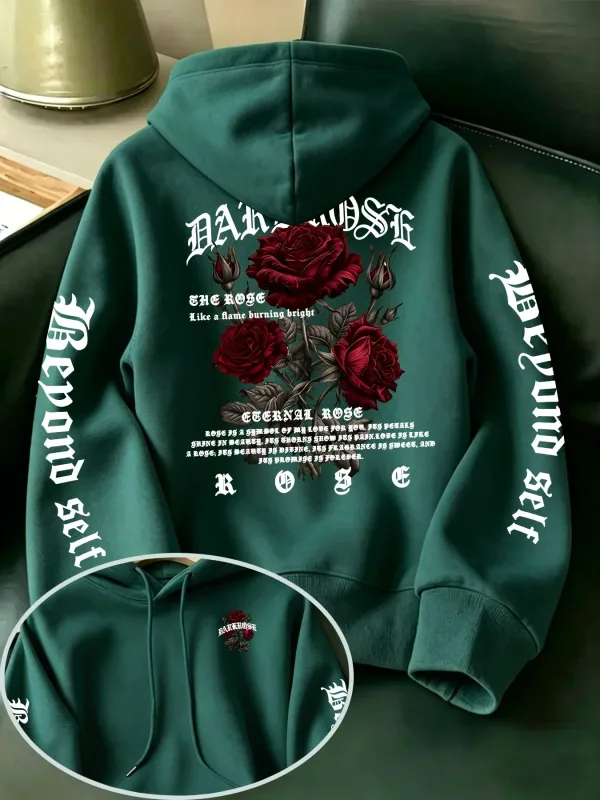 Men's Gothic Rose Hoodie Dark Red Rose Letter Graphic Back Sleeve Print Vintage Oversized Pullover Sweatshirt Streetwear Autumn