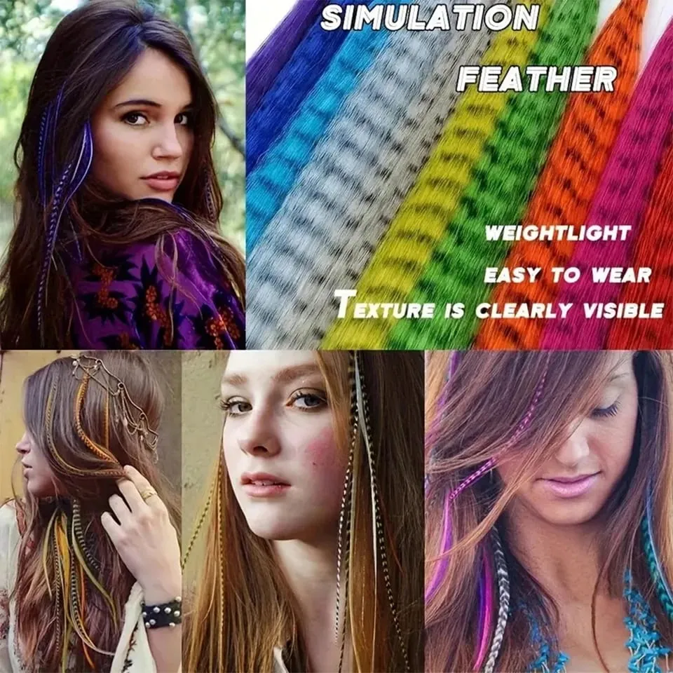 Synthetic Colored Feather Hair Extensions 16Inch Blue Purple For Women Zebra Line Feather Hairpiece For Women New Year Carnival
