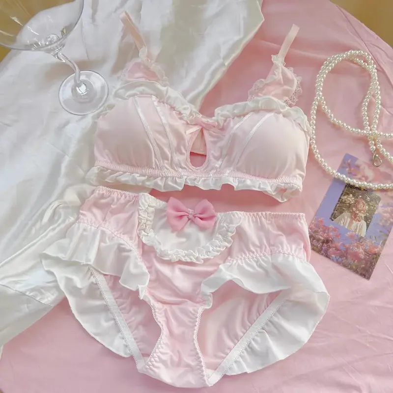 Cute Japanese Rabbit Ear Bra Panties Set Wireless Thin Triangle Brassiere For Small Flat Breast Breathable Daily Underwear S-XL