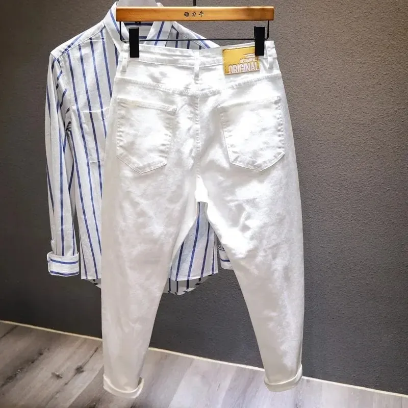 Nové džíny s roztrhanou dírkou Muži Bílá Móda Harém Pánské Kalhoty Univerzální Stretch Pohodlné Streetwear Džínové kalhoty