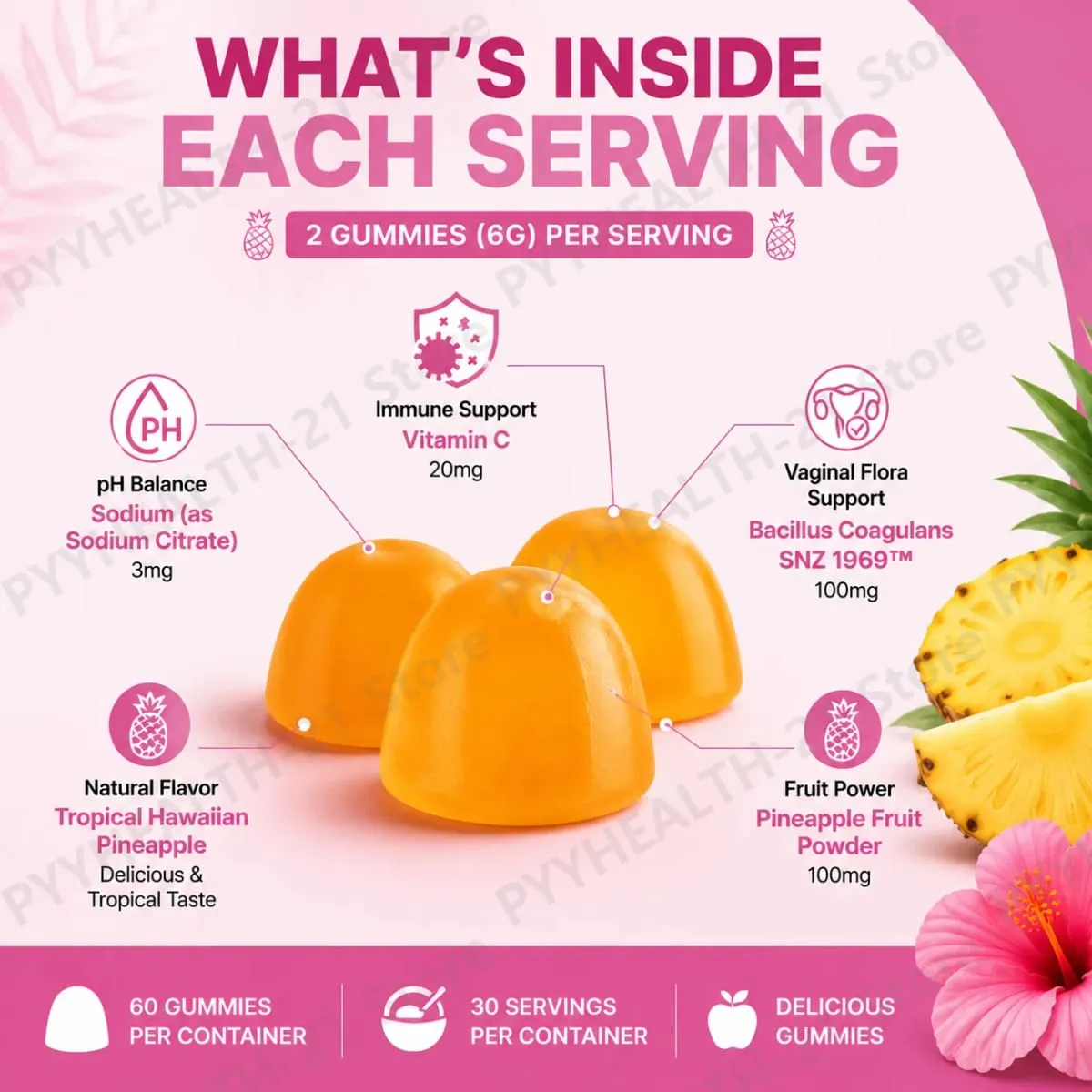 HalmanLabs Vaginal Health Gummies Probiotic Vitamin C Balance PH Levels Support Flora Immune Defense 60 Count Pineapple Women