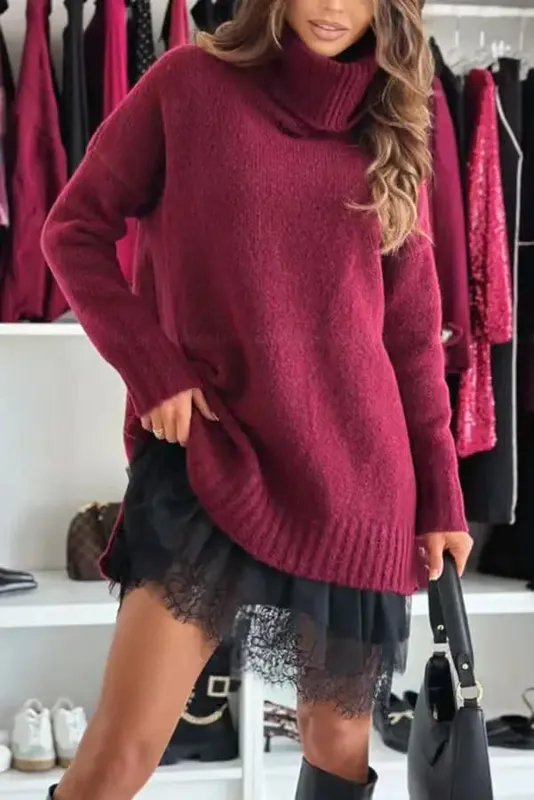 New Women's Dress 2-piece Knitted Sweater Turtleneck Lace Loose Fashionable Drop Shoulder Long Sleeve Female's Mini Skirt