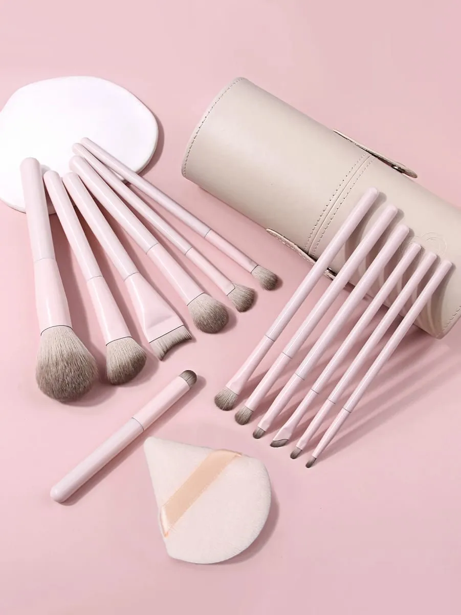 15Pcs Makeup Brushes Set with Storage Bucket & Triangle Powder Puff Foundation Blush Eyeshadow Contour Full Face Makeup Tools