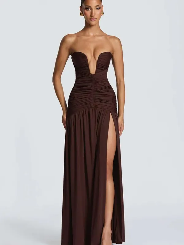 Women Elegant Deep V-neck Pleated Strapless Dress Chic Off-shoulder Backless Split Maxi Dresses 2026 Lady Evening Party Vestidos
