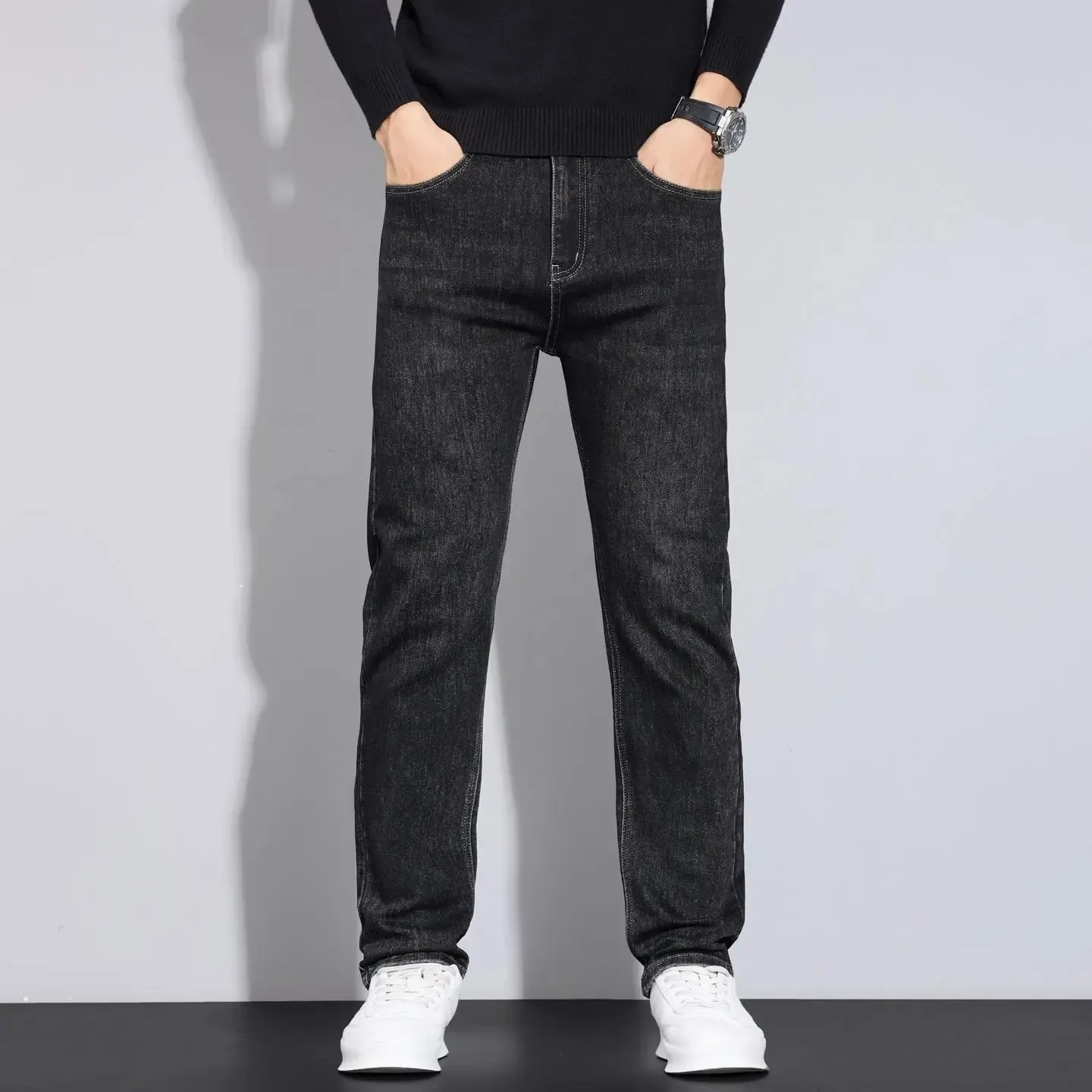 2026 New Business Men's Jeans Casual Straight Stretch Fashion Classic Blue Black Work Denim Pant Trousers Male Clothing
