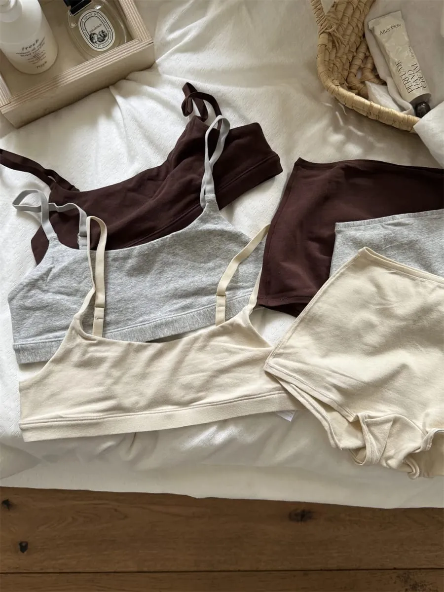 Solid Cotton Sport Set Woman Adjusted-strap Seamless Bras+Low Waist Boxer Briefs Casual Simple High Elasticity Lingerie Sets