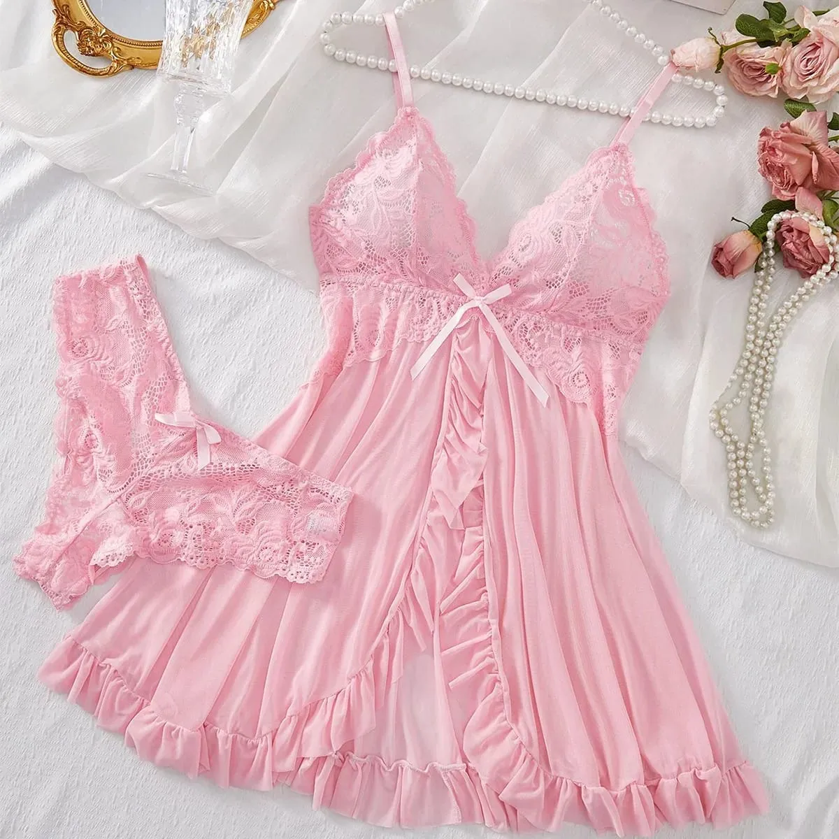 Women Sexy Lingerie Set Lace Bra Nightdress Solid Color Slim Fit Soft Sleepwear Erotic Underwear Dress