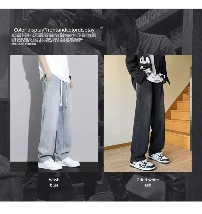 Men's Straight Leg Jeans American High Street High-quality Drawstring Design Daily Casual Loose Pants Washed Polished White