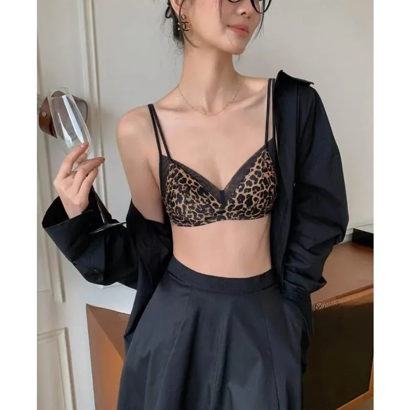 Premium Sexy Leopard Lingerie Kit Wireless Thin French Triangle Cup Comfy Nude Shaping Women Summer Daily Underclothes M-XL Bra