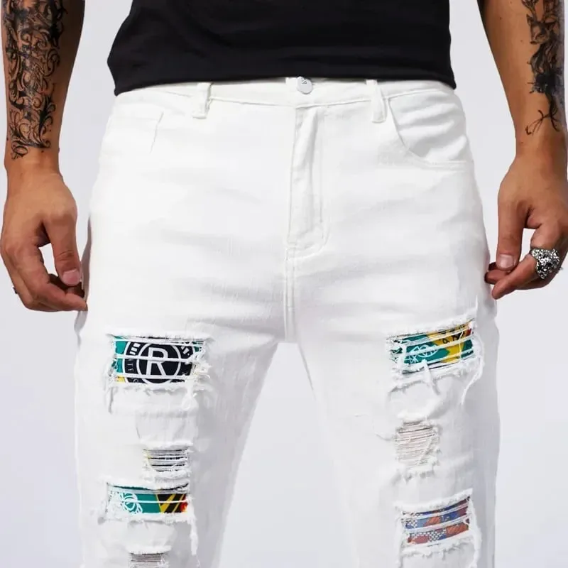 Witte 97% katoenen jeans herenkleding nieuwe gescheurde slanke patchwork mode gat skinny elasticiteit denim broek mannelijke streetwear — image 5