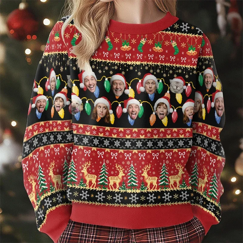 Personalized Custom Multi‑Face Christmas Sweatshirt Upload Family Pet Photos Ugly Xmas Reindeer Holiday Long Sleeve Tops