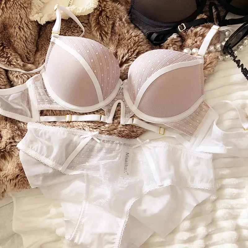 Sexy Hollow Underwear Set for Women 3/4 Cup Push Up Bra Lace Splicing Color Brassiere and Panties Ladies Intimates Lingerie