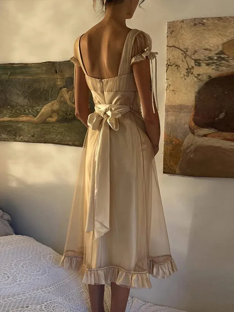 Vintage Chic Women Dress Deep V Neck Mesh Spliced Satin Tie Strap Back Bow Ruffle Hem Midi Dresses 2026 Summer Party Guest Gown